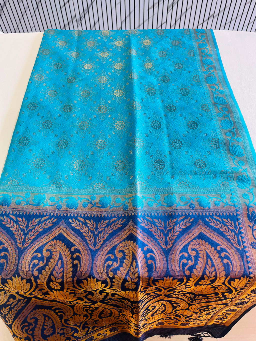 Premium Soft Silk Saree – Sky Blue & Navy Blue with Rich Gold Zari Pallu 7599001
