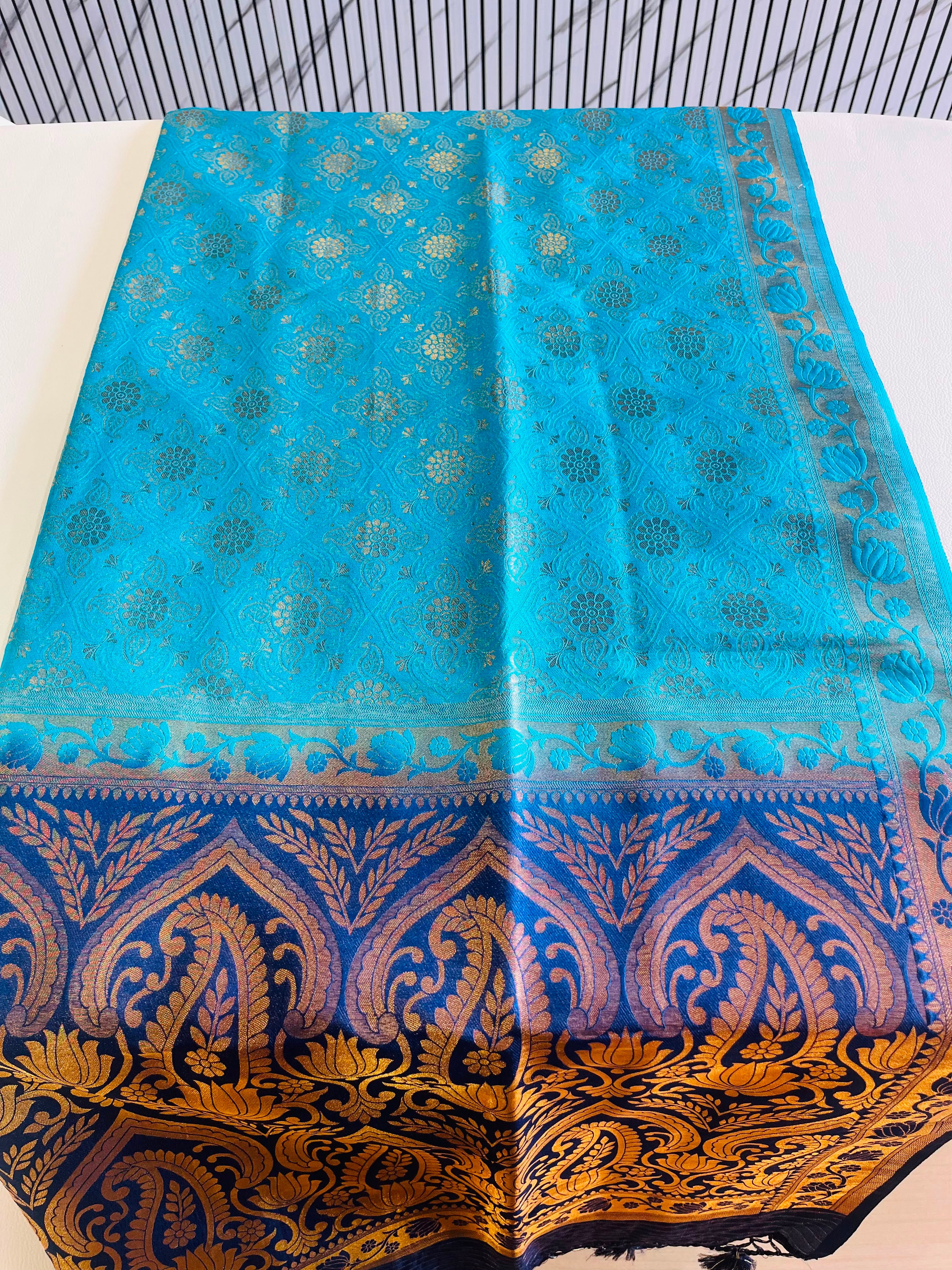 Premium Soft Silk Saree – Sky Blue & Navy Blue with Rich Gold Zari Pallu 7599001