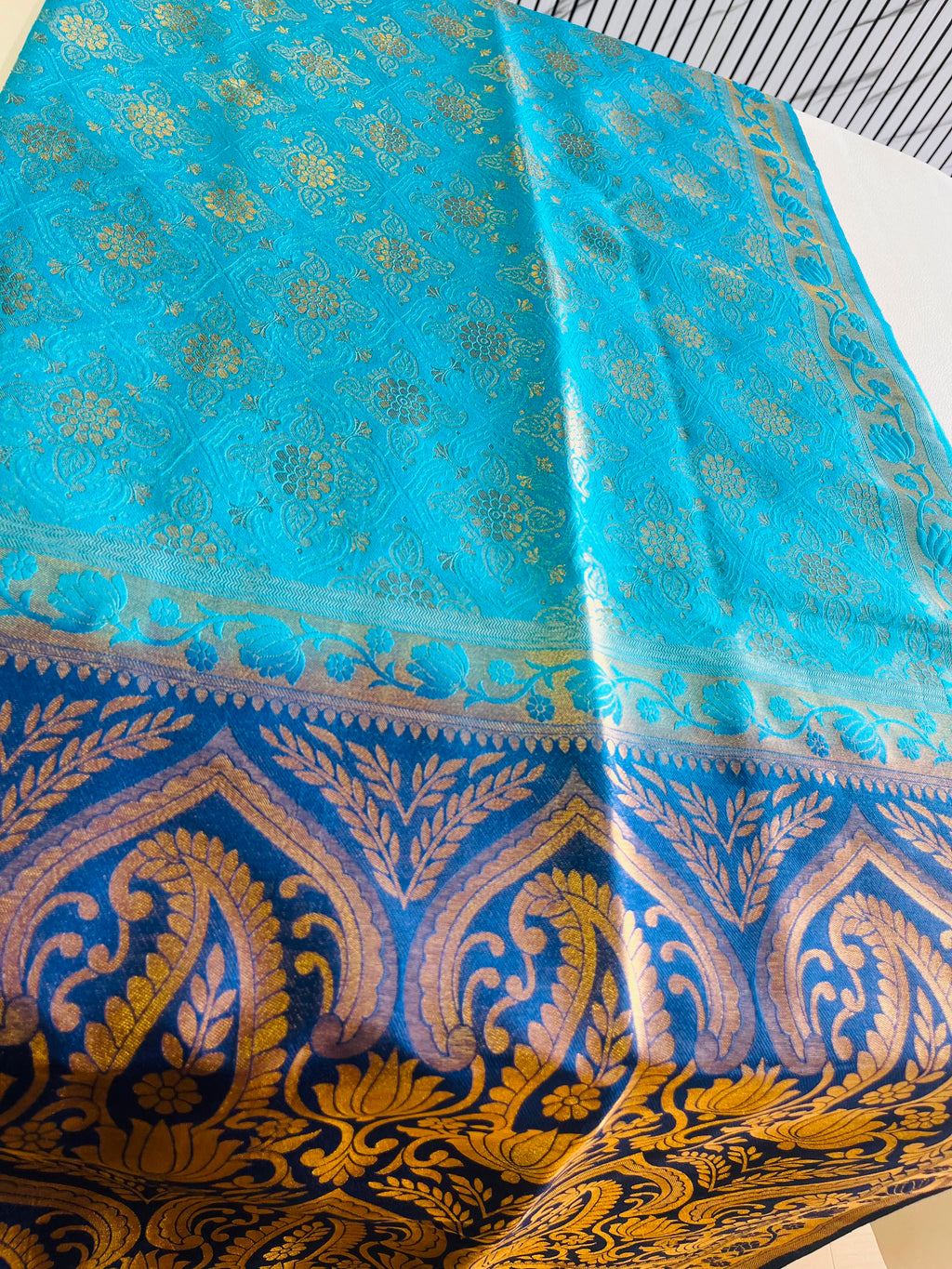 Premium Soft Silk Saree – Sky Blue & Navy Blue with Rich Gold Zari Pallu 7599001