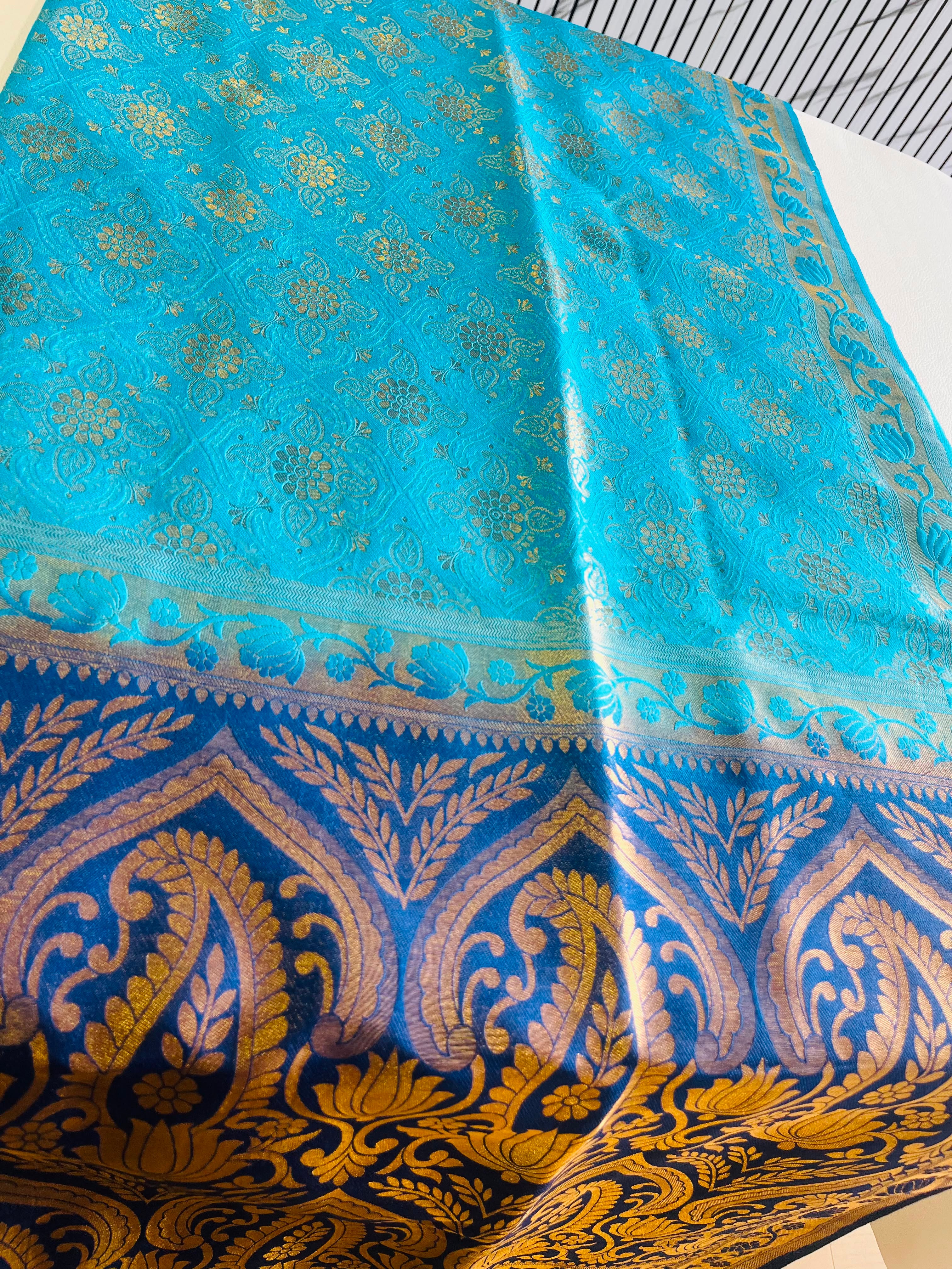 Premium Soft Silk Saree – Sky Blue & Navy Blue with Rich Gold Zari Pallu 7599001