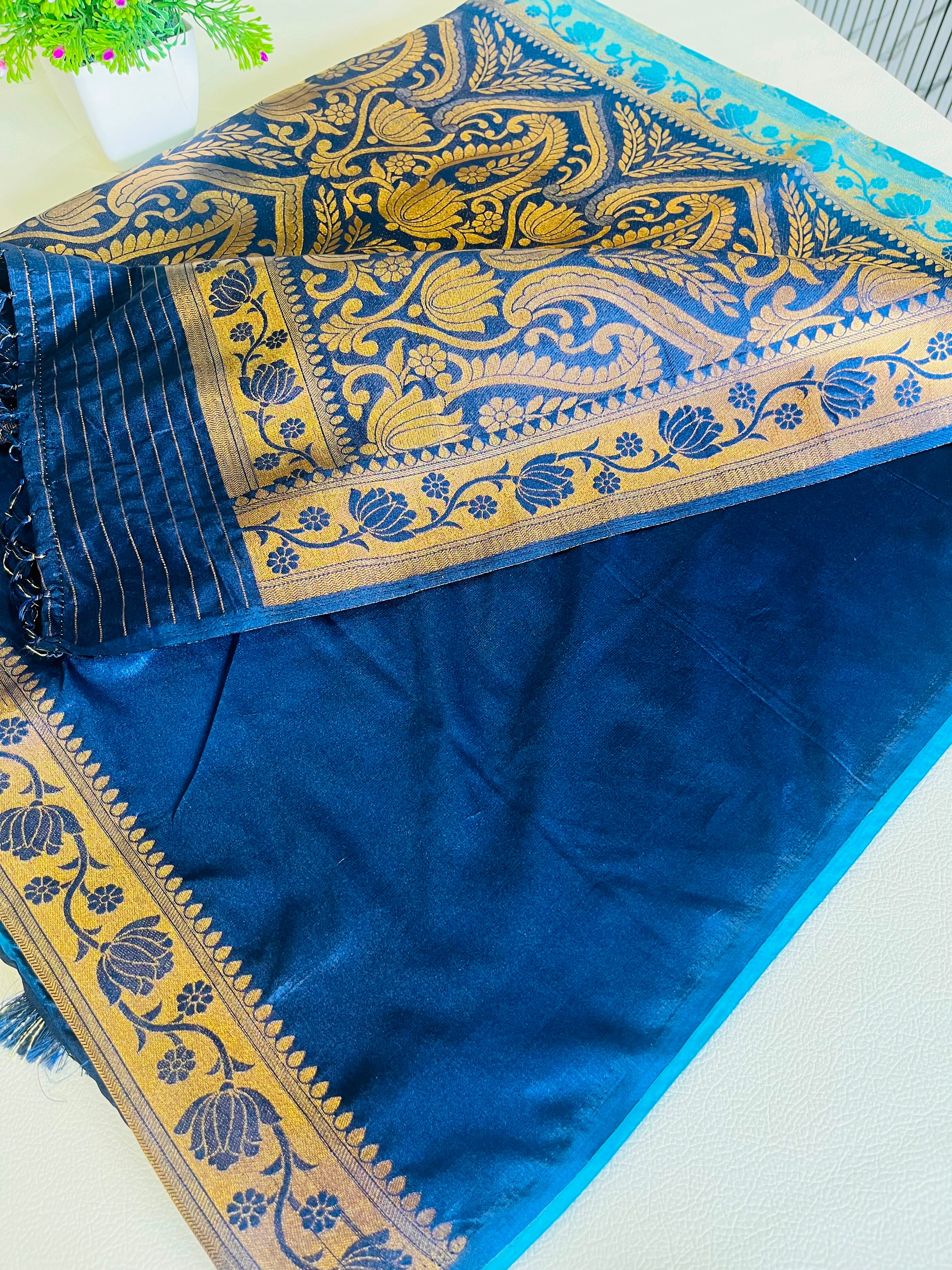 Premium Soft Silk Saree – Sky Blue & Navy Blue with Rich Gold Zari Pallu 7599001