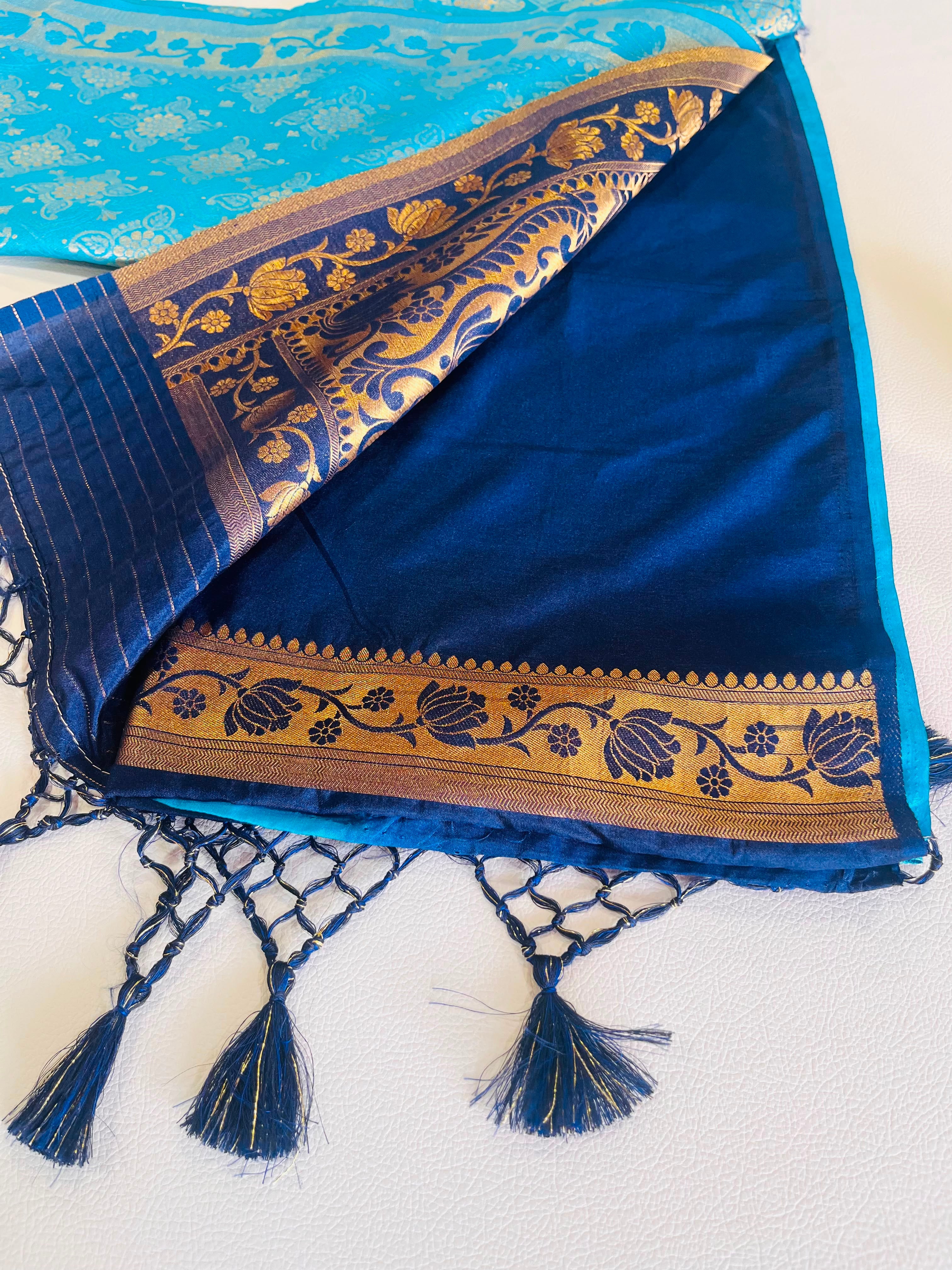 Premium Soft Silk Saree – Sky Blue & Navy Blue with Rich Gold Zari Pallu 7599001