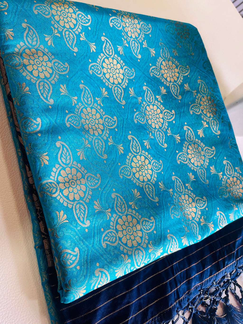 Premium Soft Silk Saree – Sky Blue & Navy Blue with Rich Gold Zari Pallu 7599001
