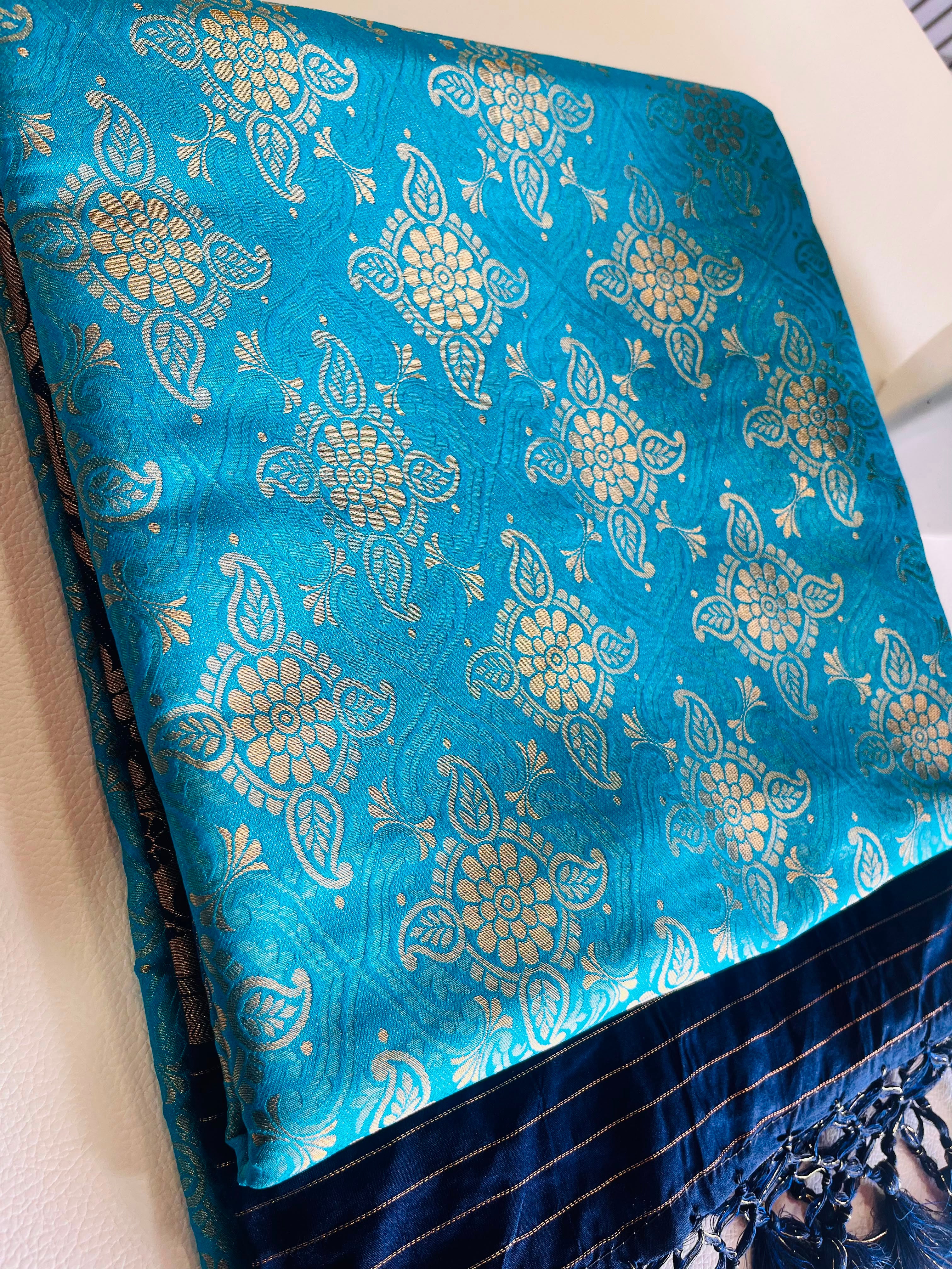 Premium Soft Silk Saree – Sky Blue & Navy Blue with Rich Gold Zari Pallu 7599001