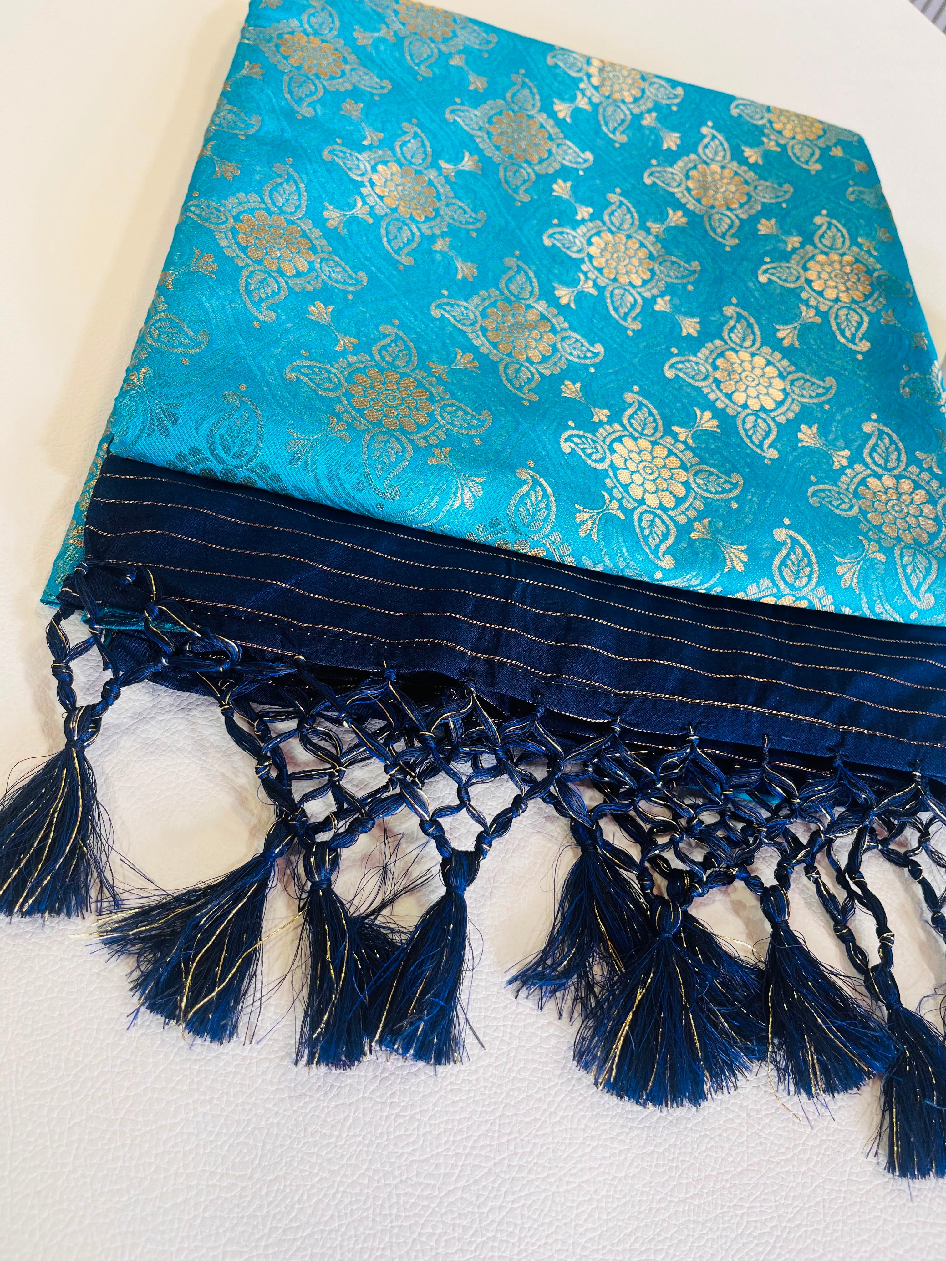Premium Soft Silk Saree – Sky Blue & Navy Blue with Rich Gold Zari Pallu 7599001