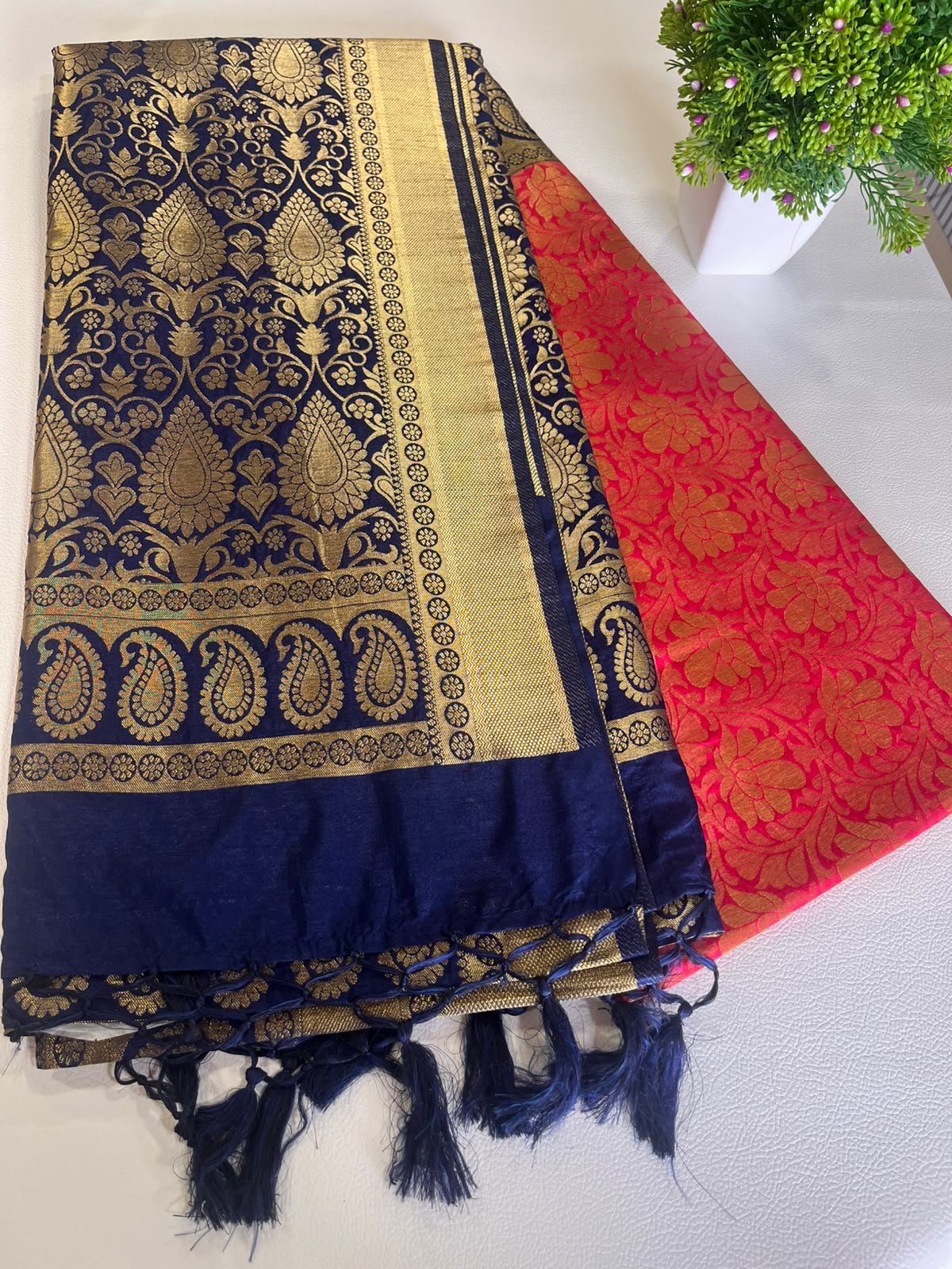 Premium Soft Silk Saree – Sky Blue & Navy Blue with Rich Gold Zari Weaving 7599006