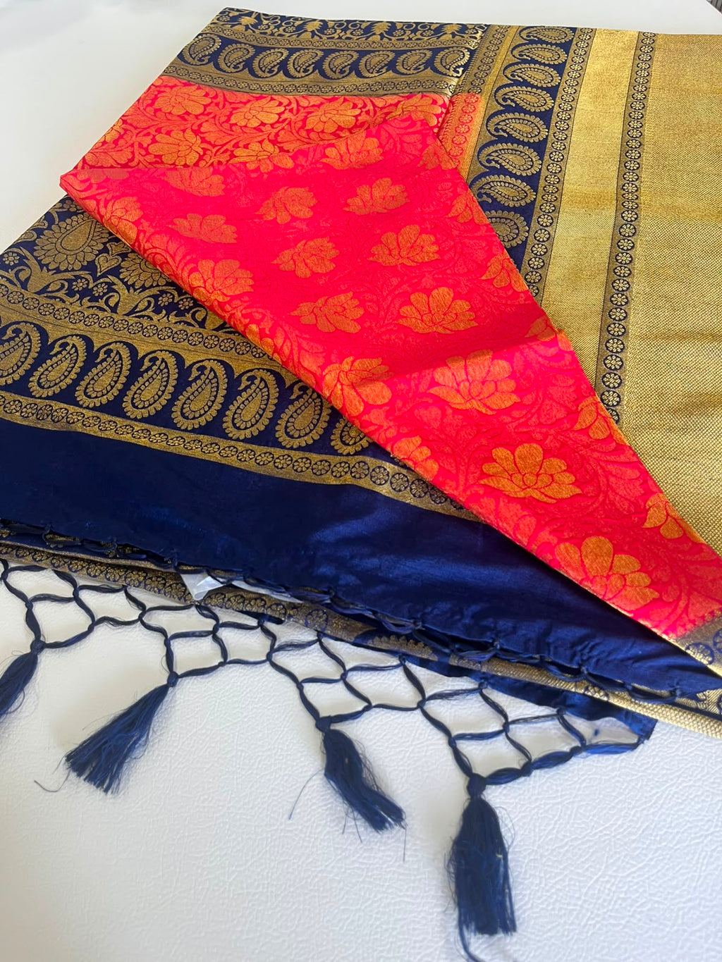 Premium Soft Silk Saree – Sky Blue & Navy Blue with Rich Gold Zari Weaving 7599006