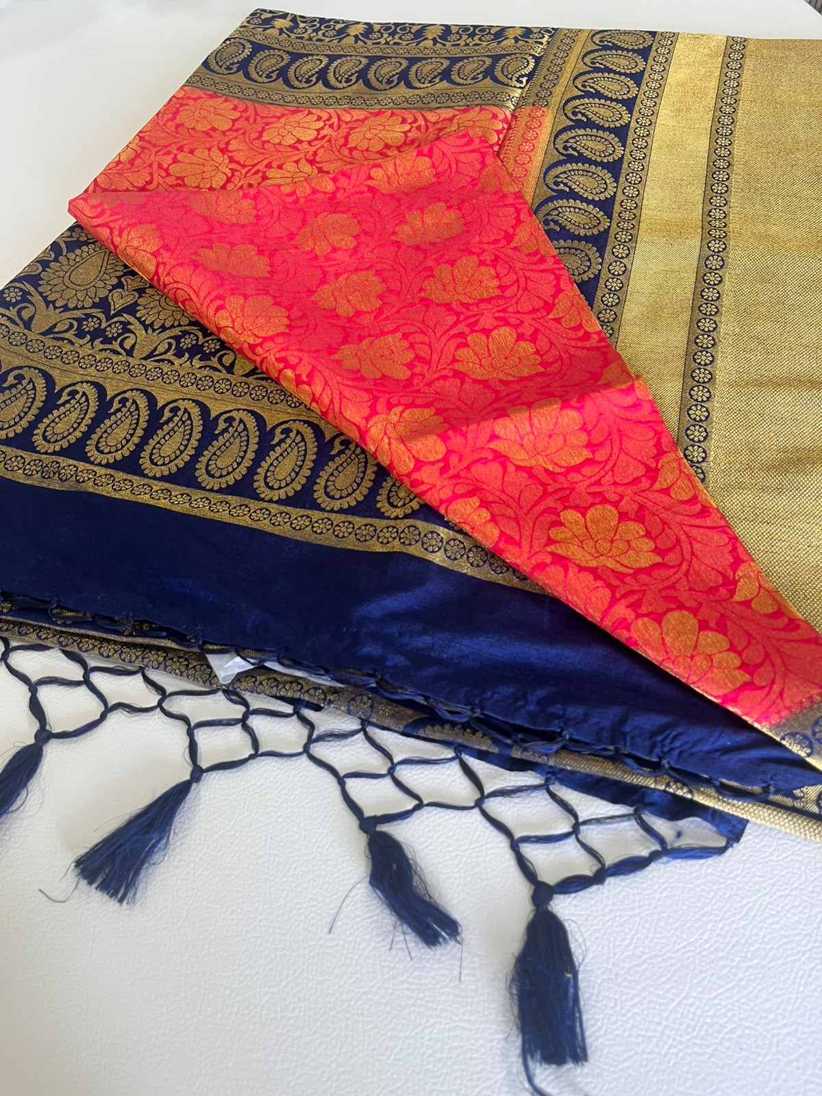 Premium Soft Silk Saree – Sky Blue & Navy Blue with Rich Gold Zari Weaving 7599006