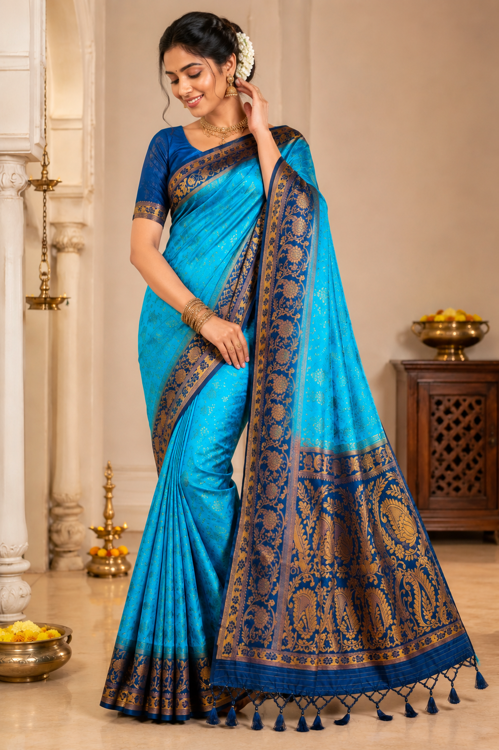 Premium Soft Silk Saree – Sky Blue & Navy Blue with Rich Gold Zari Pallu 7599001