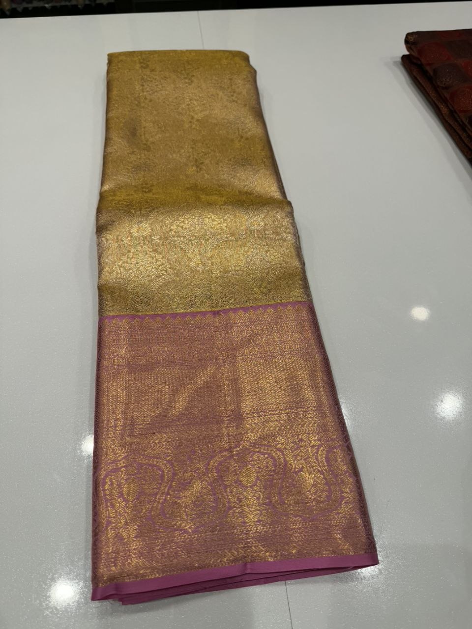 Antique Gold Kanjivaram Silk Saree with Rani Pink Border 3684003